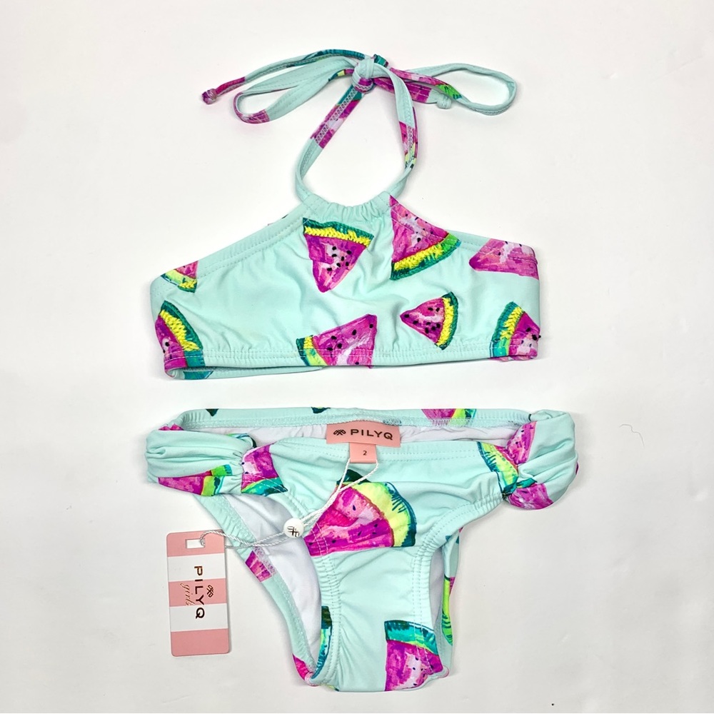 PilyQ Girls' Watermelon-Print Embroidered 2-Piece Swimsuit
